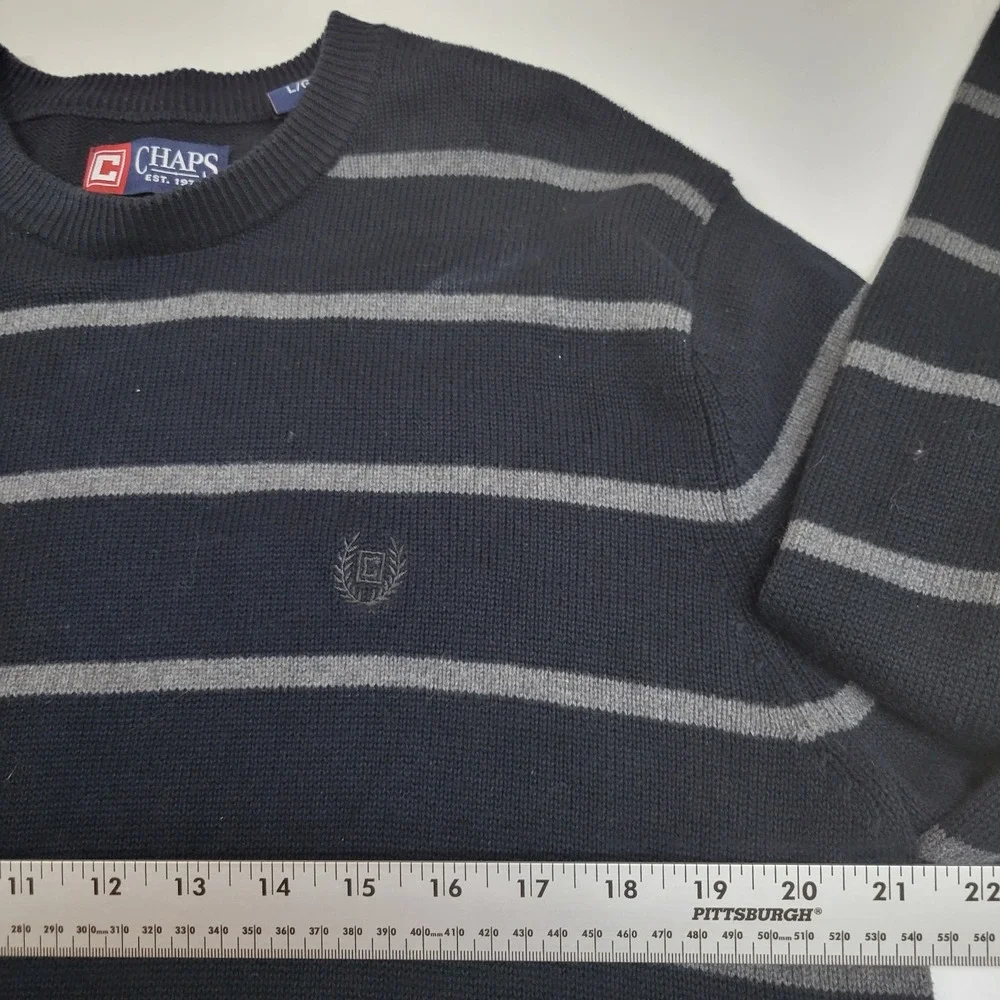 Chaps Mens Large Black Gray Striped Crewneck Sweater Cotton Pullover